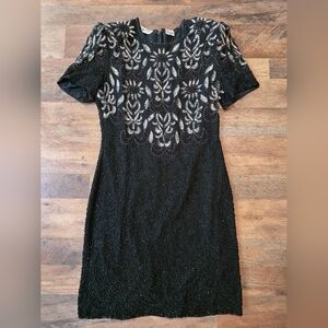 Vintage 80's Night Vogue Women's 100% Silk Black Sequin Beaded Party Dress M